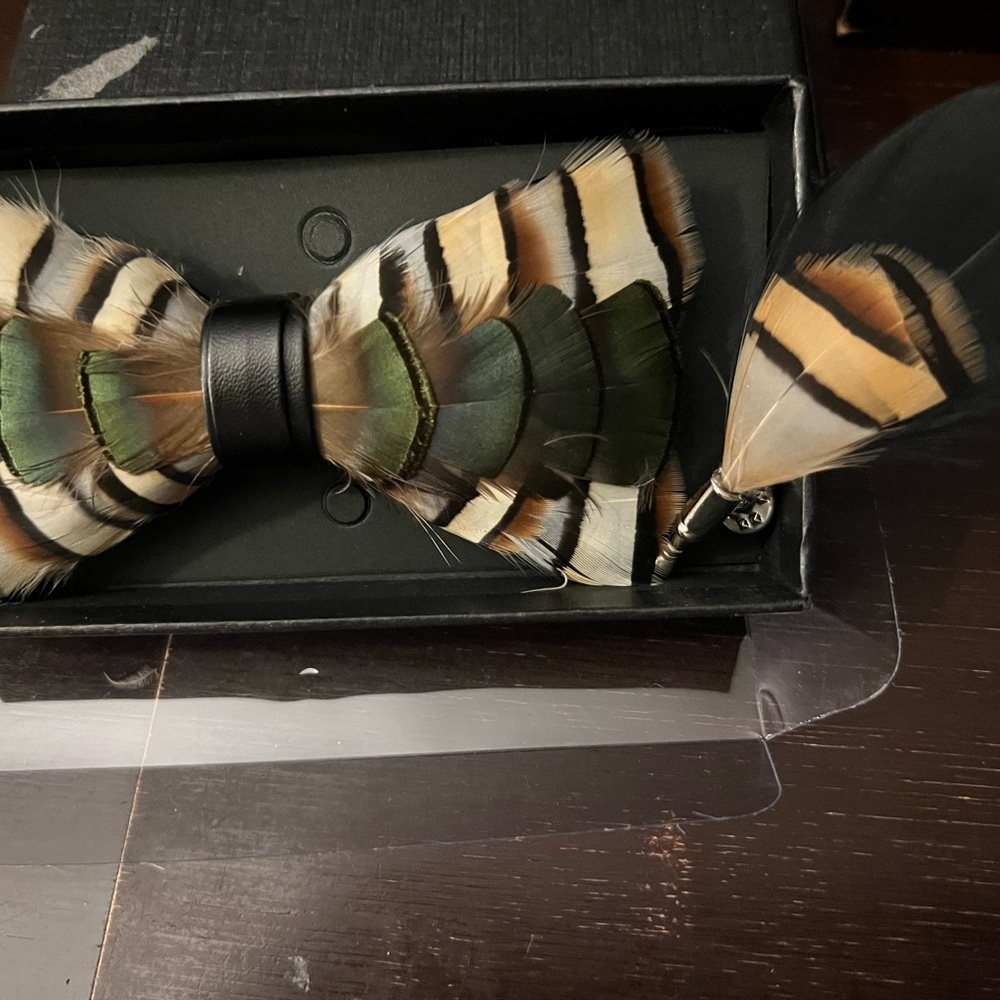 Feather Bow Tie with Lapel Pin